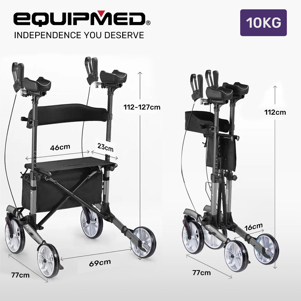 Rollator with dimensions labeled, featuring Equipmed branding.