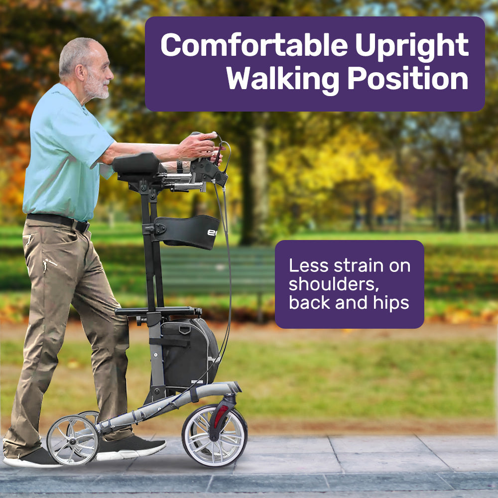 Man using a mobility scooter in a park with text about comfortable upright walking position.