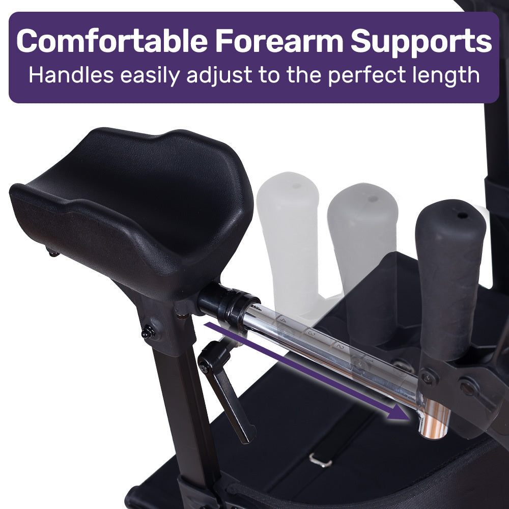 Black forearm support with adjustable handle on a white background, featuring text about comfort and adjustability.