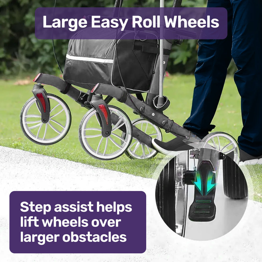 Stroller with large easy roll wheels and step assist feature on a grassy background