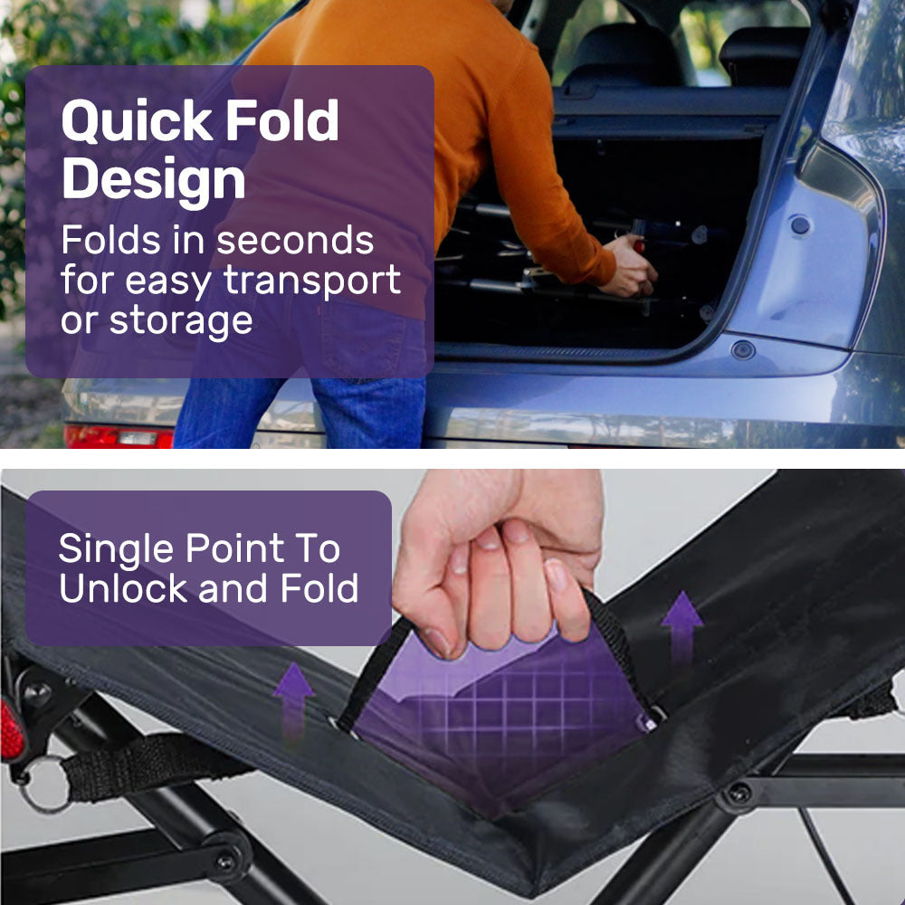 Car roof rack with quick fold design feature being demonstrated.