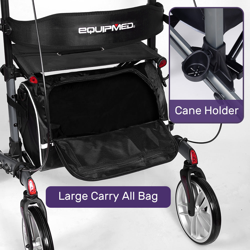 Black wheelchair with large carry-all bag and cane holder on a white background