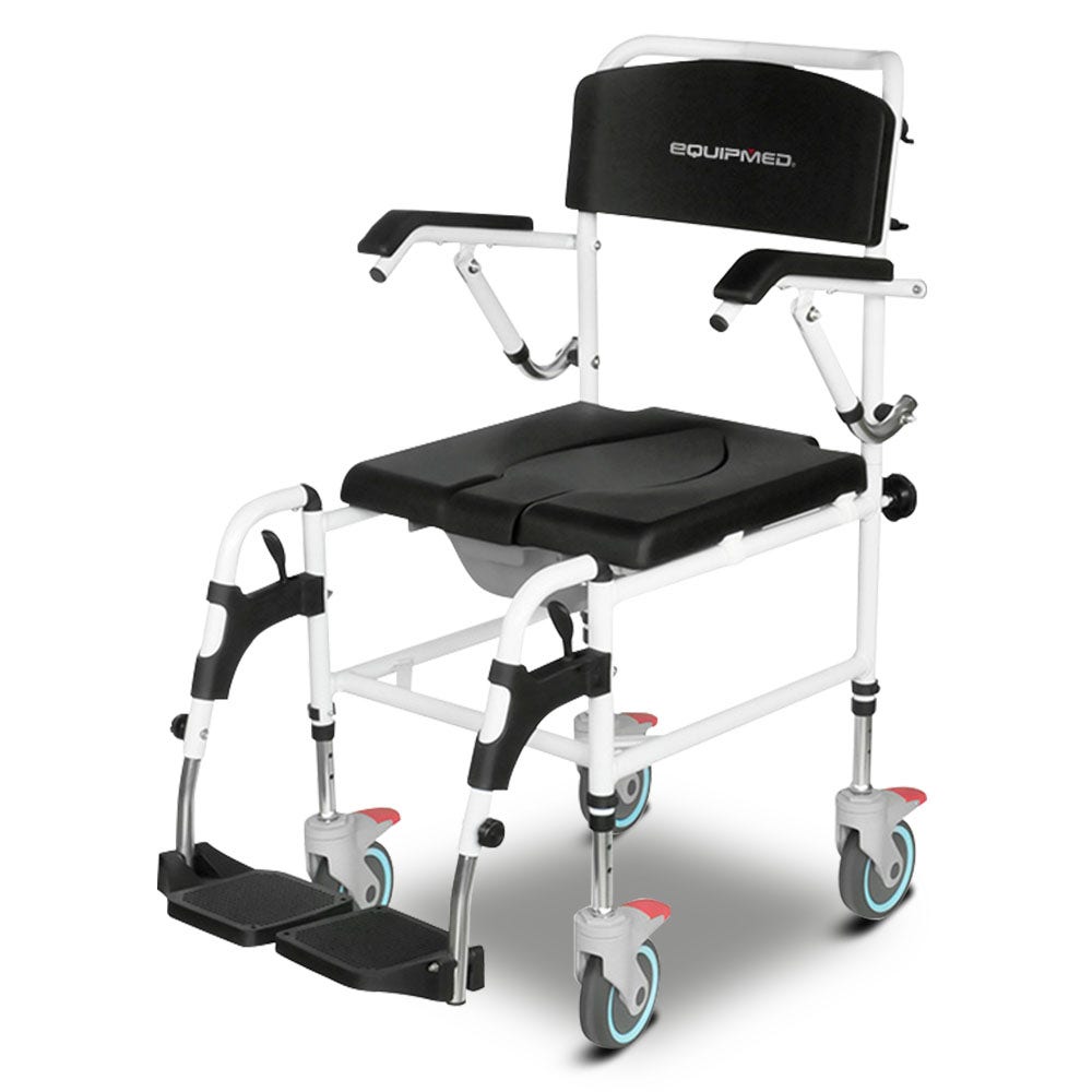 Medical mobility chair with black seat and white frame on a white background