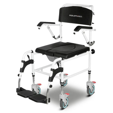 Medical mobility chair with black seat and white frame on a white background