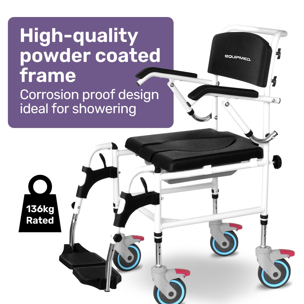 Wheelchair with shower commode attachment on a white background, featuring text about its high-quality frame and weight capacity.