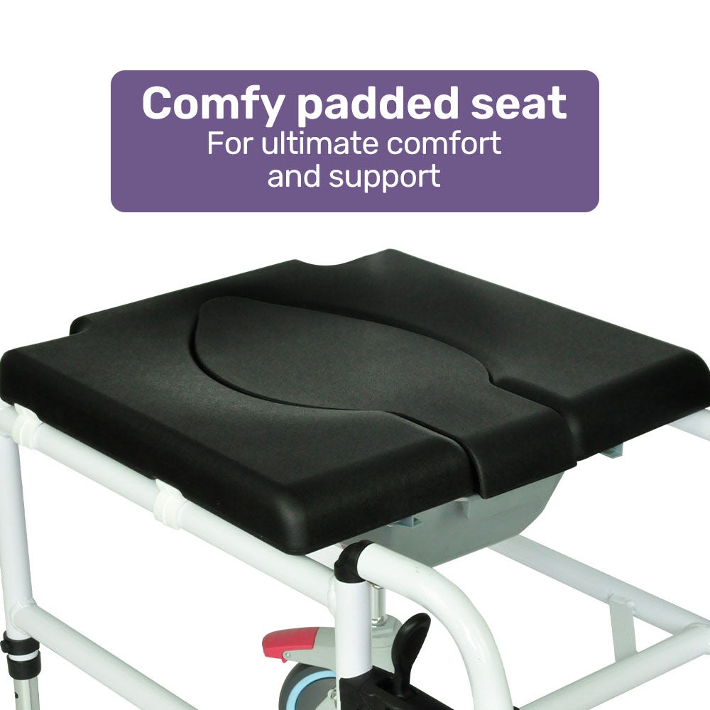 Black padded seat on a medical chair with a purple text box highlighting comfort and support.