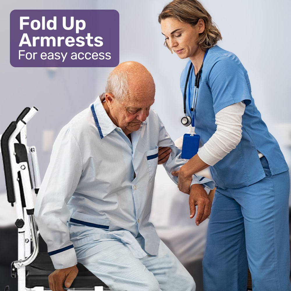 Nurse assisting an elderly patient with a medical device, with text about fold-up armrests.