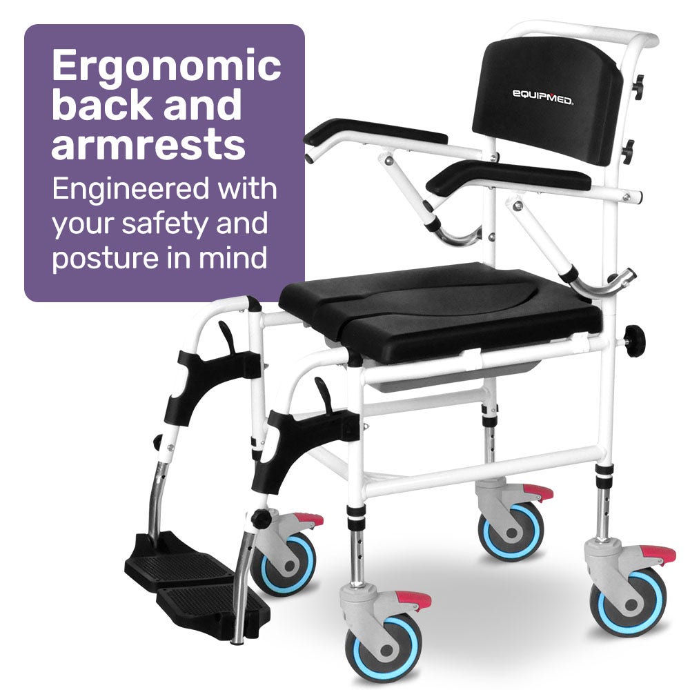 Medical shower chair with ergonomic back and armrests on a white background