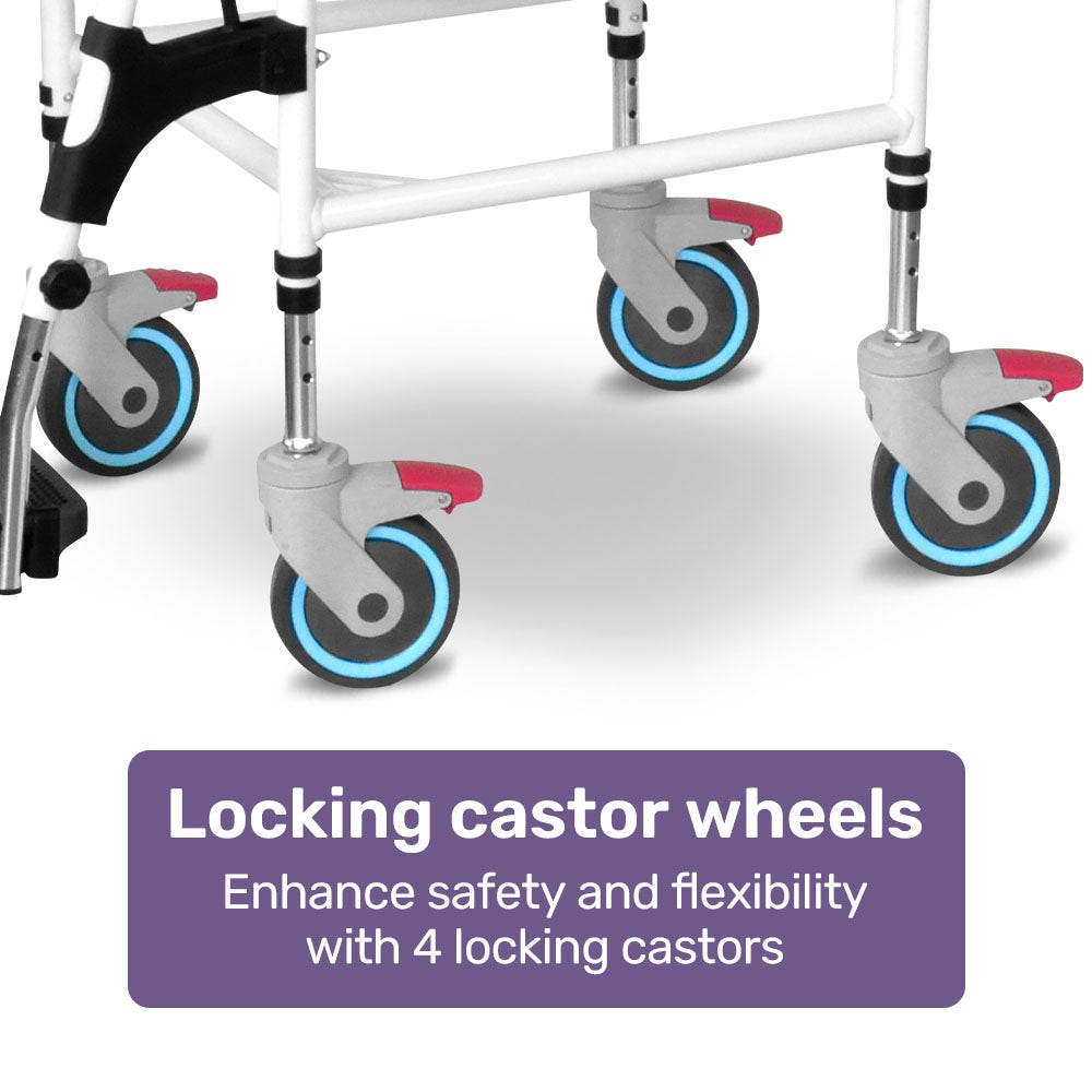 Close-up of a walker with locking castor wheels on a light gray background