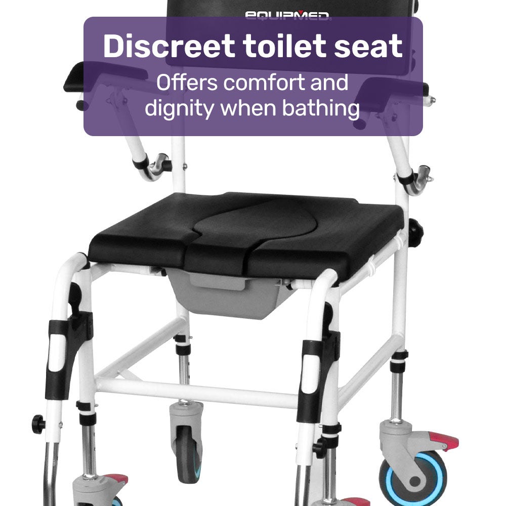 Medical shower chair with a dishtowel and text about comfort and dignity during bathing.