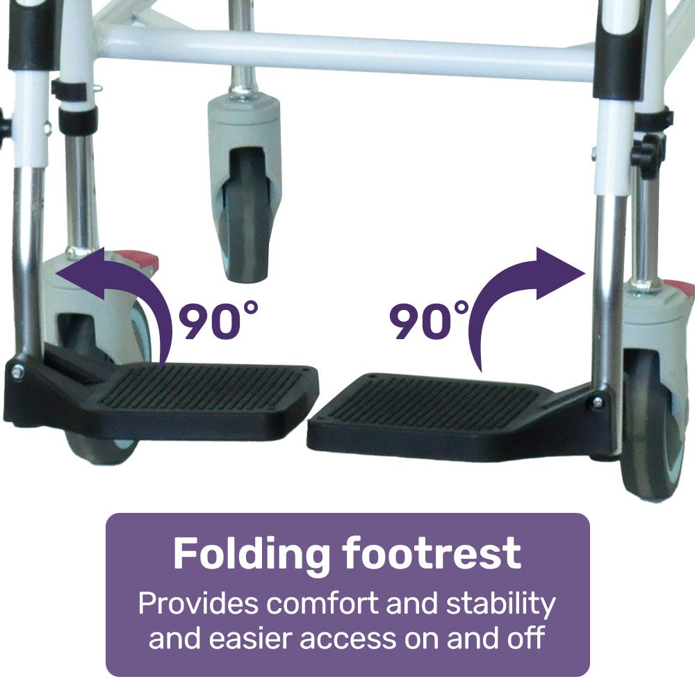 Wheelchair with folding footrests labeled for comfort and stability on a white background