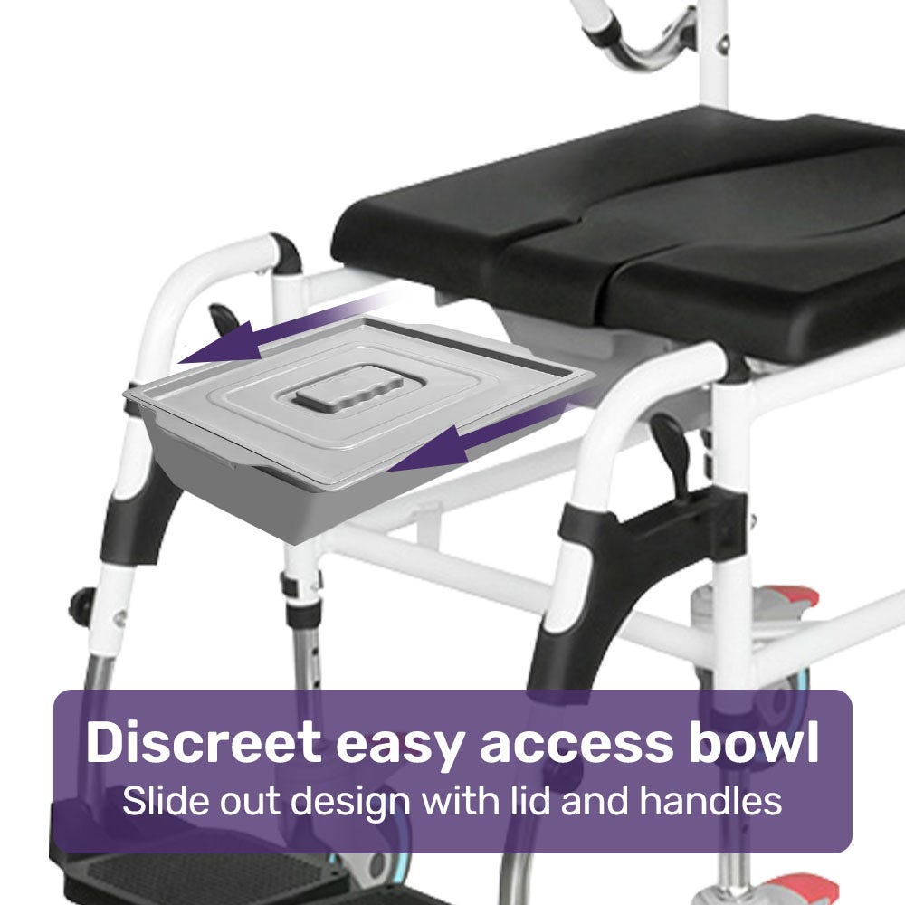 Medical examination table with slide out design for discreet easy access bowl, featuring a purple label.