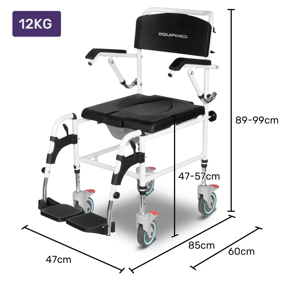 Medical mobility chair with dimensions and weight capacity on a white background