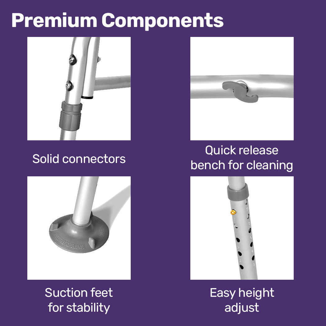Illustration of a walker with labeled premium components on a purple background
