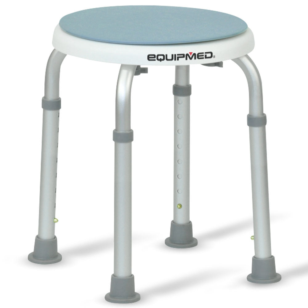 Adjustable stool with blue seat and silver frame on a white background, branded 'Equipmed'.