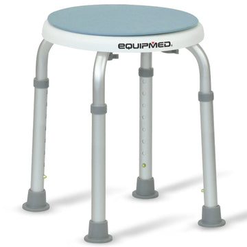 Adjustable stool with blue seat and silver frame on a white background, branded 'Equipmed'.