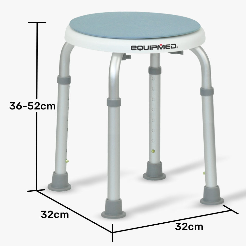 Adjustable height stool with blue seat and white frame, labeled 'EQUIPMED', shown with dimensions on a white background.