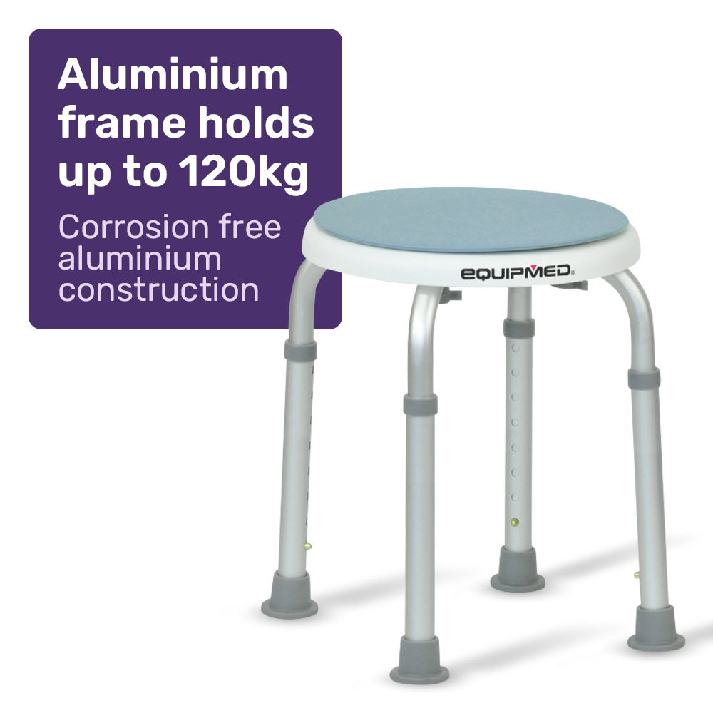 Stool with blue seat and aluminium frame, featuring Equipmed branding, on a white background.
