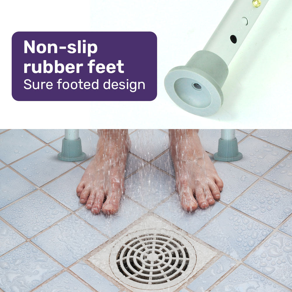Person standing on a tiled floor with showerhead and non-slip rubber feet text overlay
