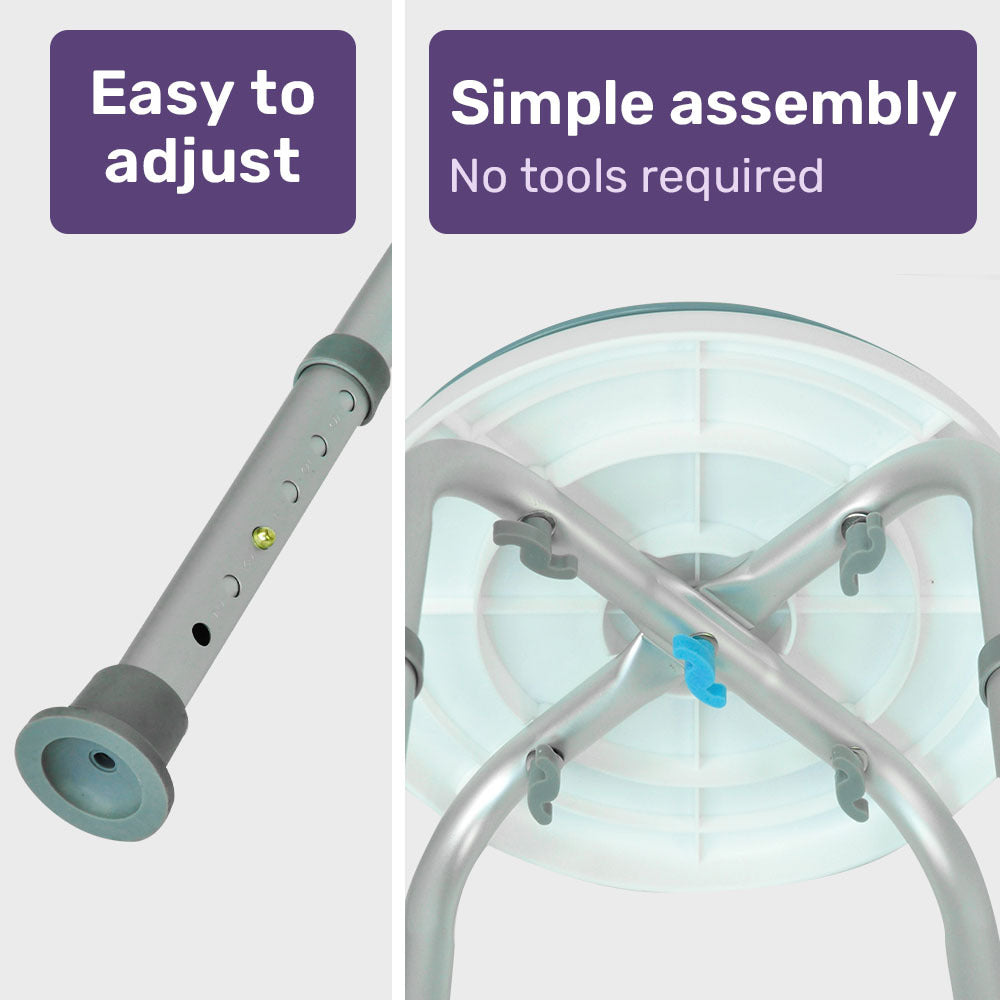 Stroller parts with text 'Easy to adjust' and 'Simple assembly, No tools required' on a white background.
