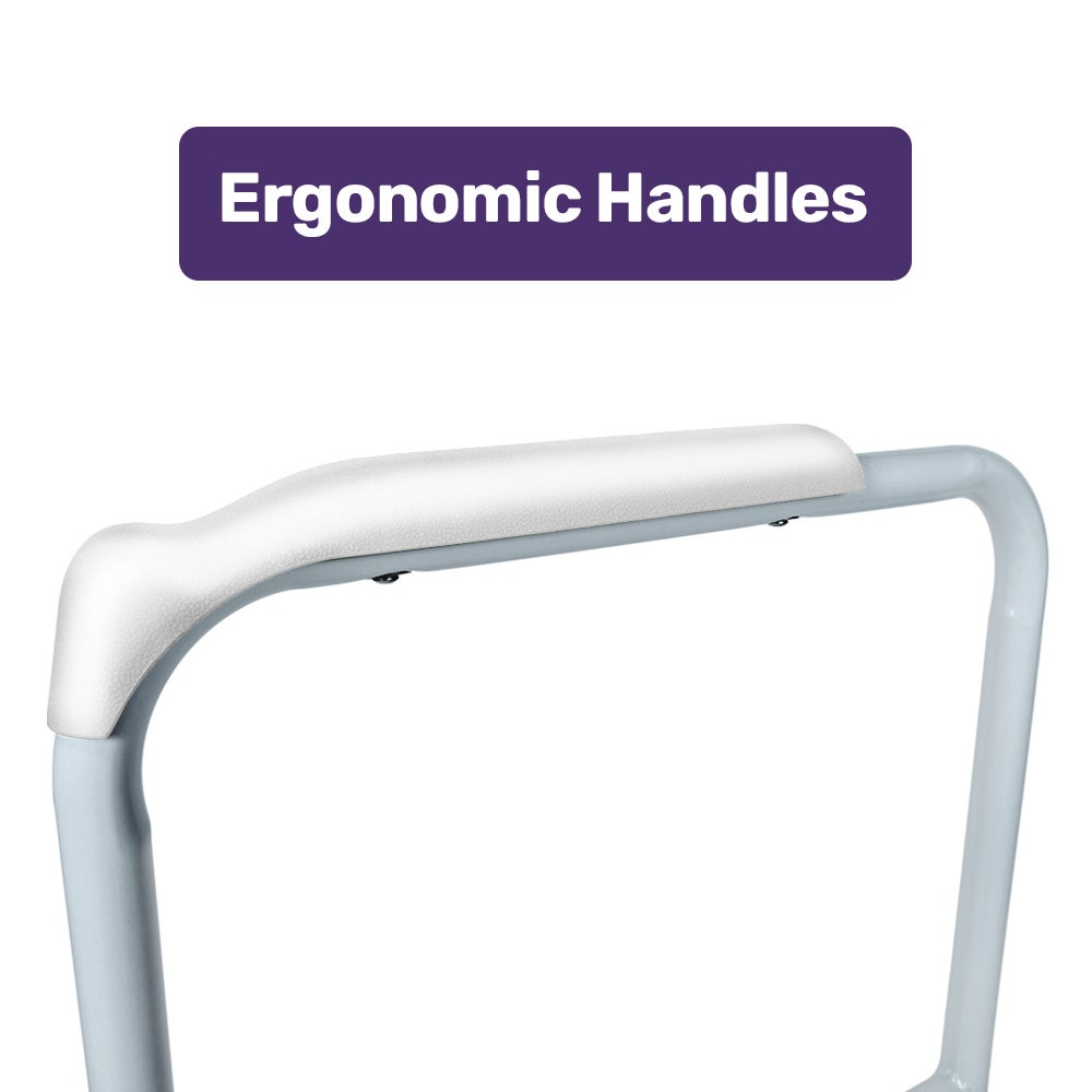 Ergonomic handles with a purple label on a white background