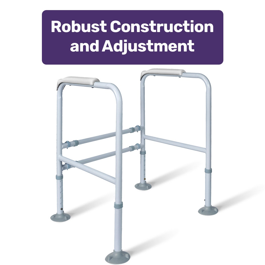 White walking frame with adjustable legs on a white background, labeled 'Robust Construction and Adjustment'.