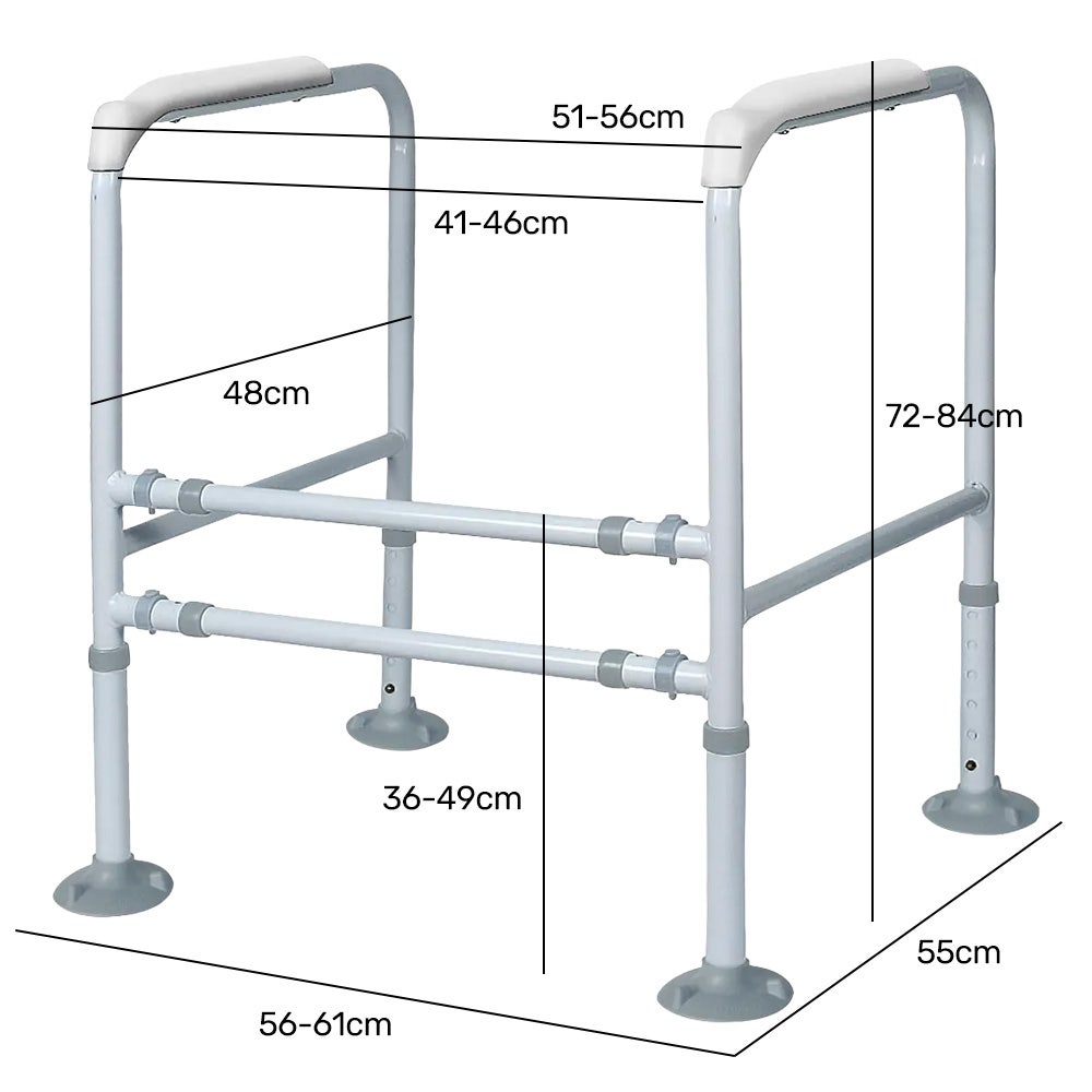 Measurement chart of a white metal walker with dimensions labeled.
