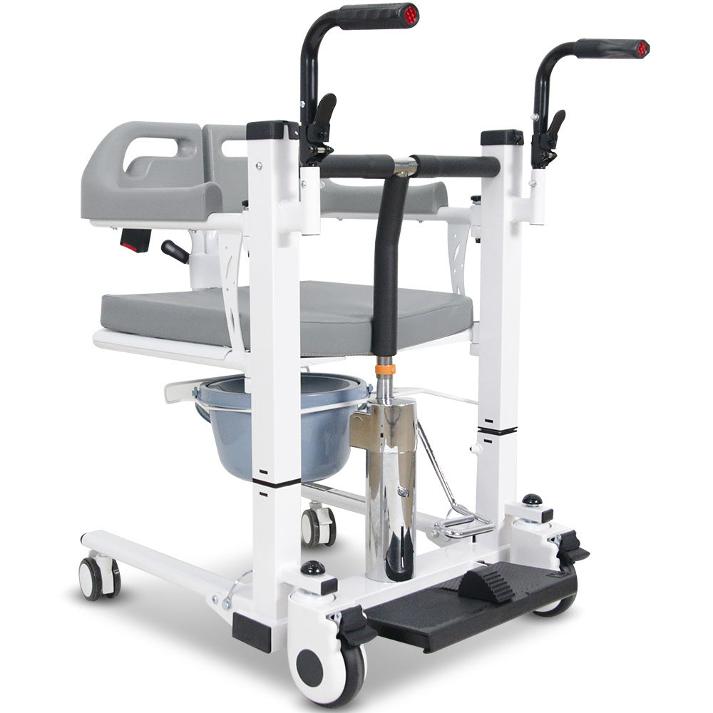 Medical lift chair with wheels and controls on a white background