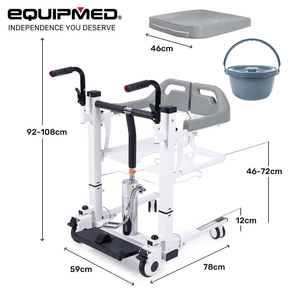 Medical equipment with dimensions labeled, featuring EQUIPMED branding.