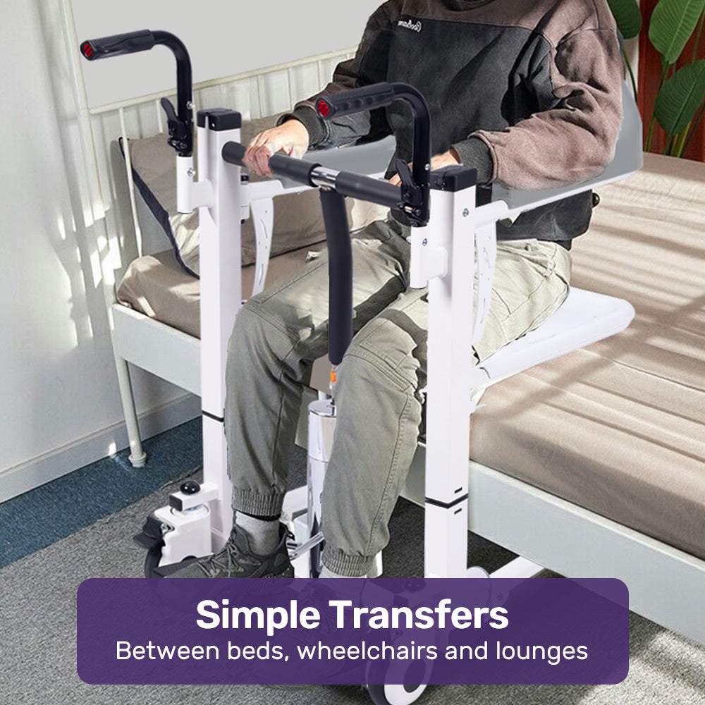 Person using a transfer aid to move between a bed and a chair, with text 'Simple Transfers Between beds, wheelchairs and lounges'.