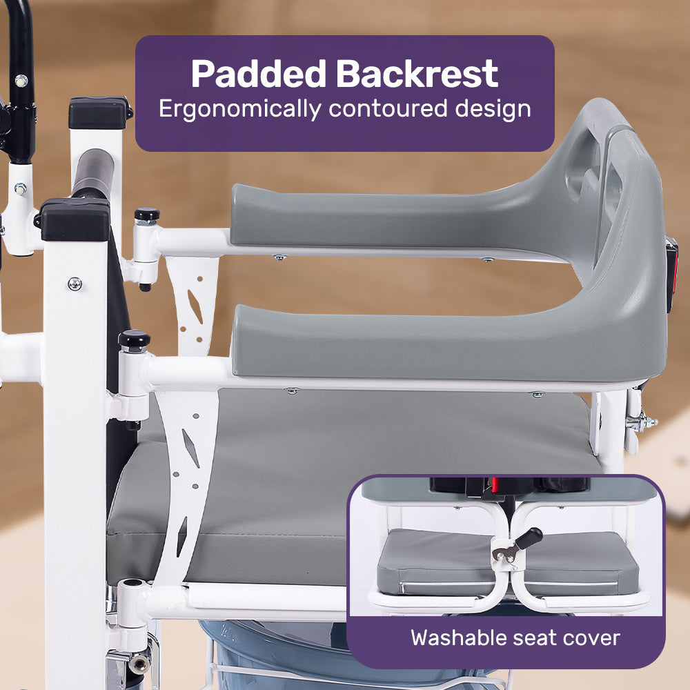 Ergonomic chair with padded backrest and washable seat cover on a wooden floor.