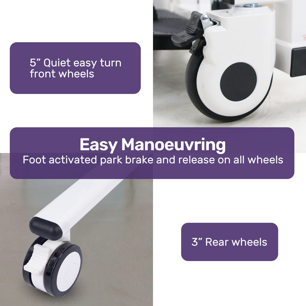 Wheelchair with labeled wheels and text about easy maneuvering and quiet front wheels.