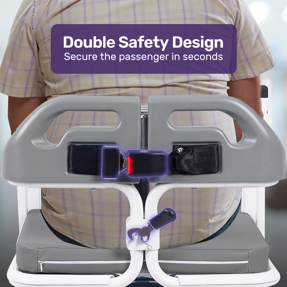 Person using a medical stretcher with a double safety design feature, showing text 'Double Safety Design Secure the passenger in seconds'.