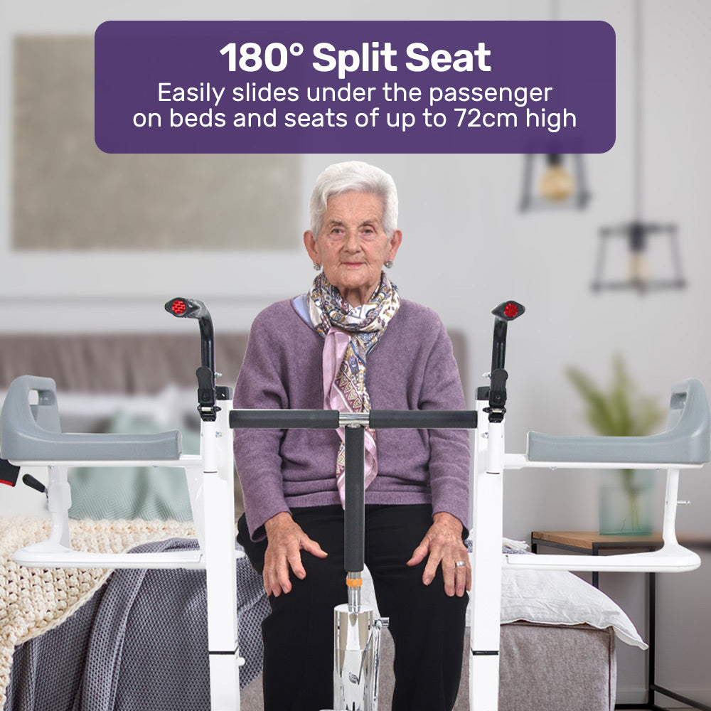 Woman using a 180° split seat product in a home setting