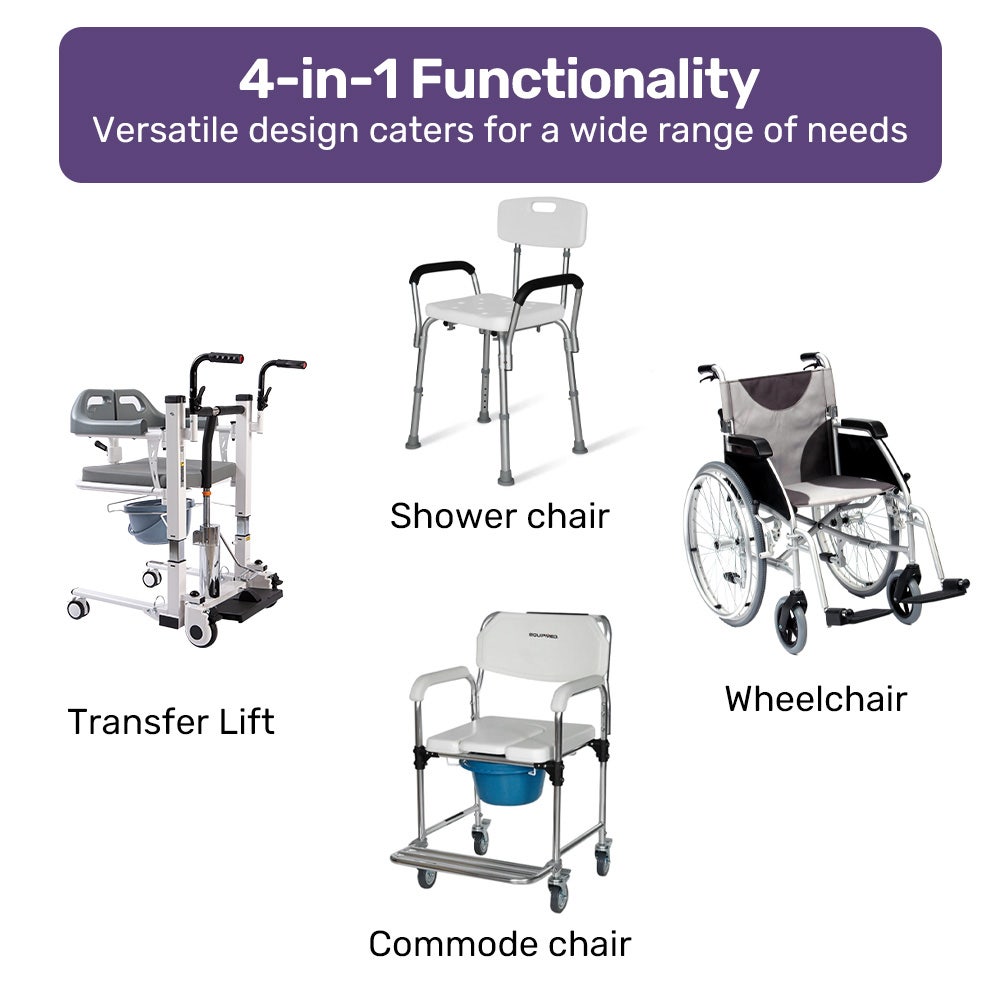 Versatile medical equipment including a shower chair, transfer lift, commode chair, and wheelchair with text highlighting 4-in-1 functionality.