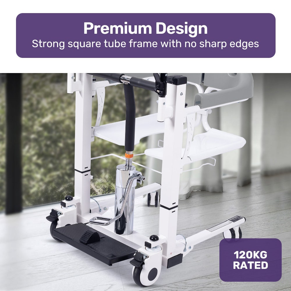White gym machine with black accents in a room setting, featuring text about its design and weight capacity.