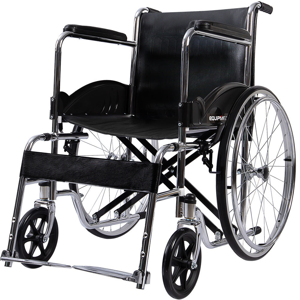 Black wheelchair with silver frame on a white background