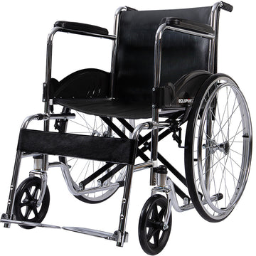 Black wheelchair with silver frame on a white background