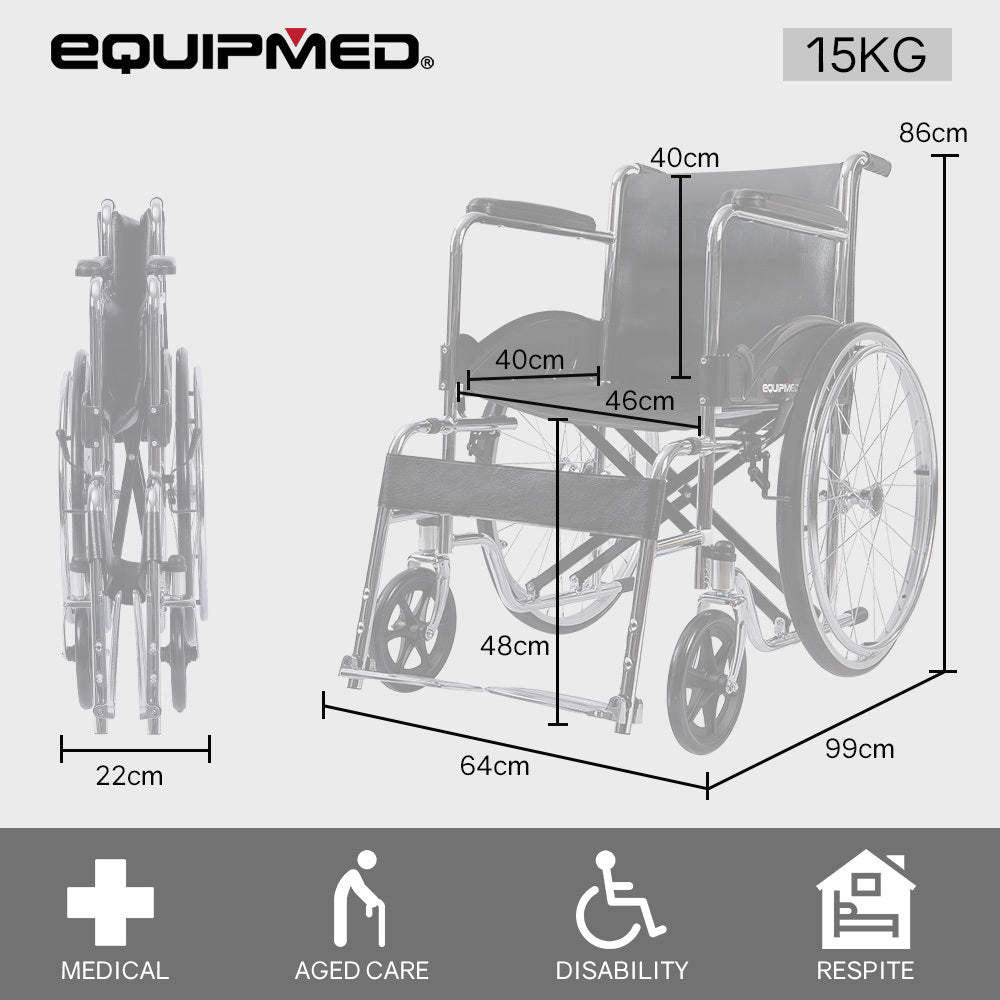 Measurement chart of a wheelchair with dimensions and EQUIPMED branding.