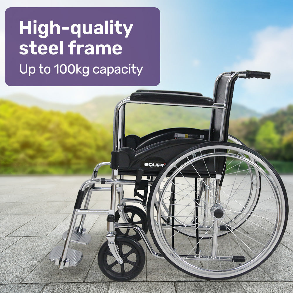 Wheelchair with high-quality steel frame and 100kg capacity text on a blurred outdoor background