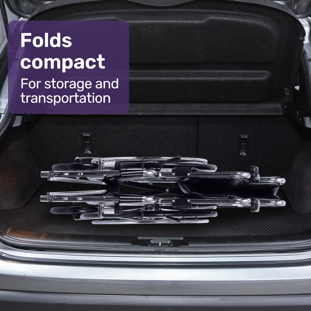 Foldable camping chairs stored in a car trunk with a purple label indicating they fold compact for storage and transportation.