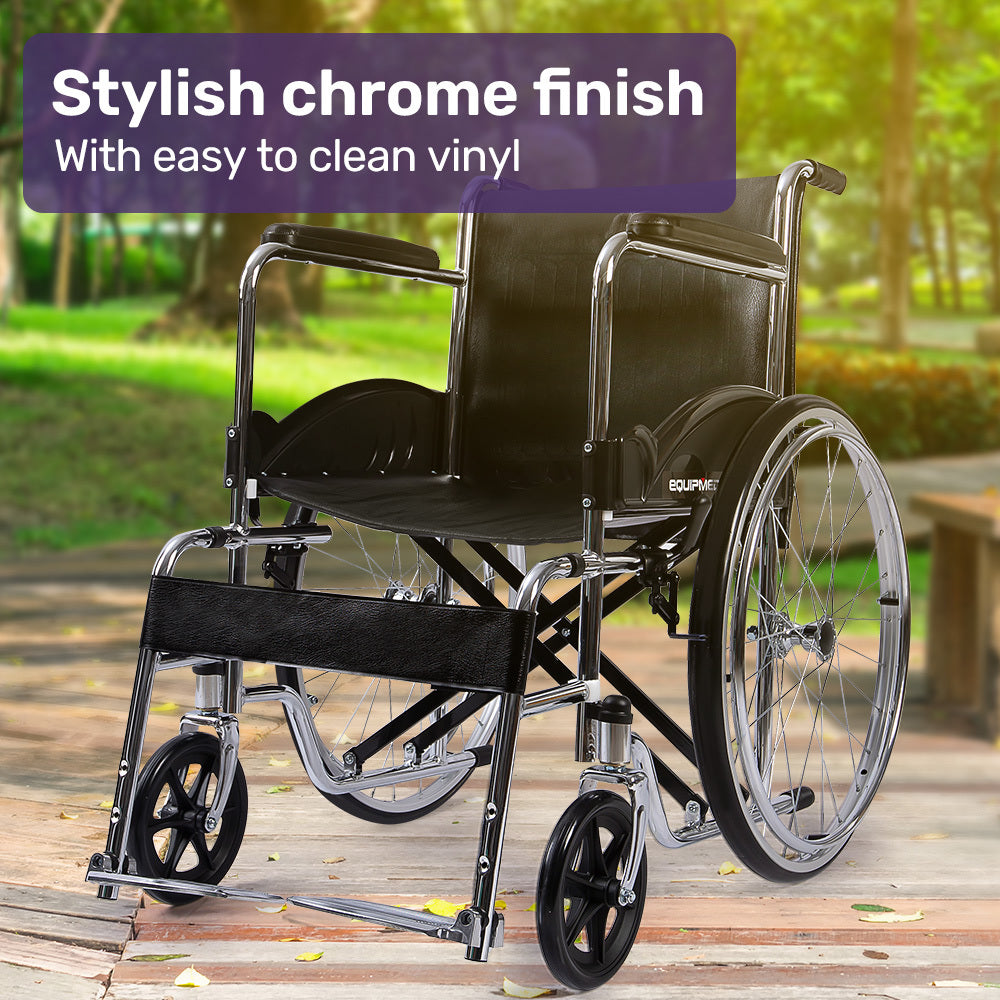 Wheelchair with chrome finish and easy-to-clean vinyl in a park setting