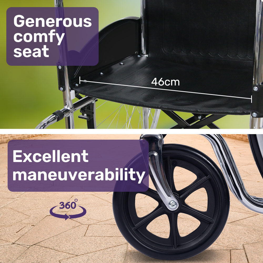Wheelchair with generous comfy seat measurement and excellent maneuverability text on a green and brown background.