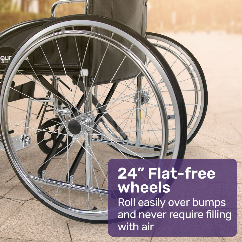 Wheelchair with 24-inch flat-free wheels on a paved surface