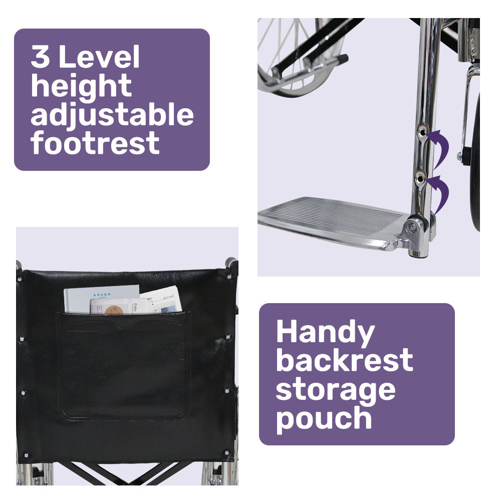 Wheelchair features with adjustable footrest and storage pouch on a white background