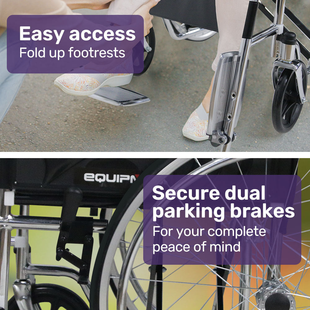 Wheelchair with fold-up footrests and secure dual parking brakes, emphasizing safety features.
