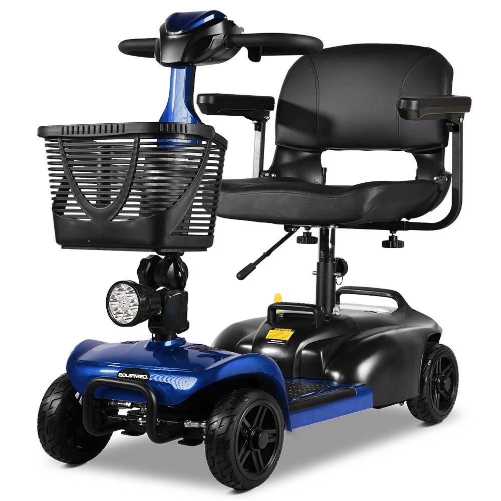 Blue and black mobility scooter with basket on a white background