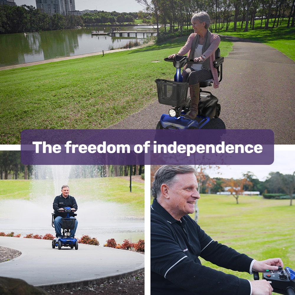 People using mobility scooters in a park with text 'The freedom of independence'.