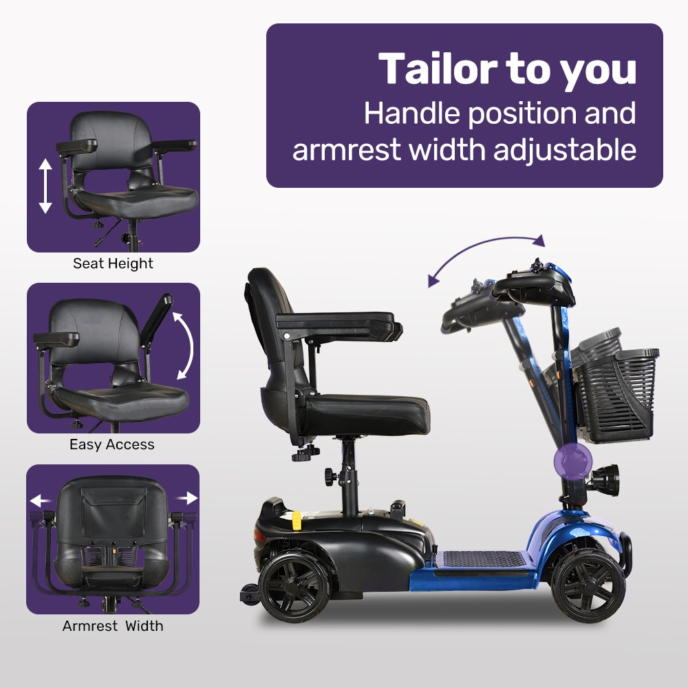 Mobility scooter with adjustable features on a white background