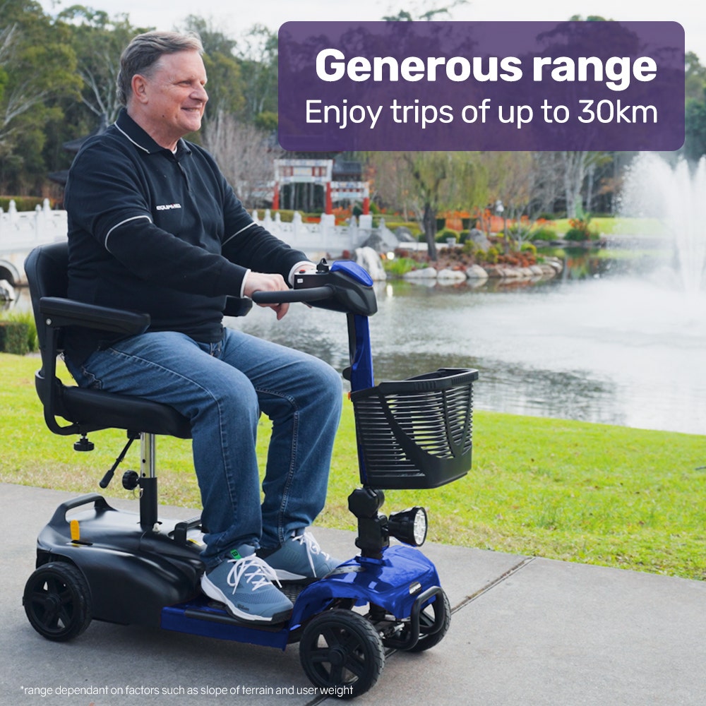 Man using a mobility scooter with a scenic background and promotional text about range.